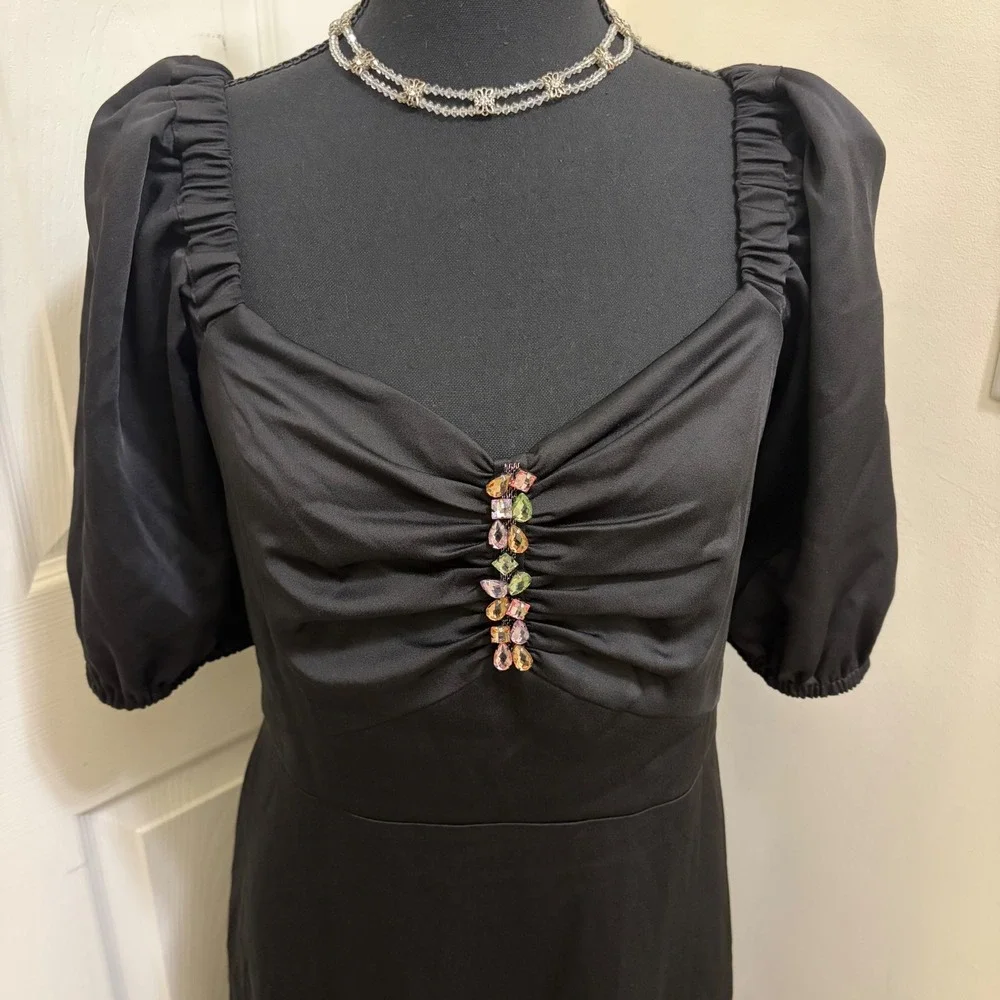 NEW Anne Klein Rhinestone Puff Sleeve Midi Dress Sz 8 Black Ruffle Hem Cocktail